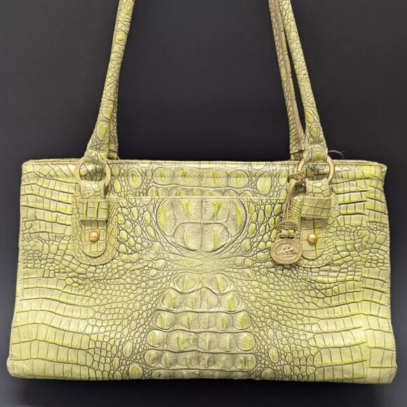 BRAHMIN ALDEN Avocado Green Gold Croc Embossed Leather Shoulder Purse Tote Bag - Picture 1 of 8